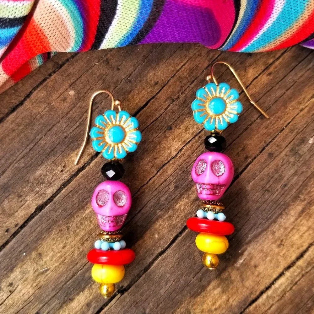 Earrings Halloween Day of the Dead Sugar Skulls Turquoise Flower Multi Beaded - Picture 1 of 2